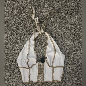 Brown/Cream Self-tie around the neck, Crop Top